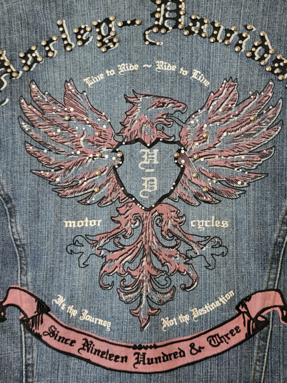 Vintage Harley Davidson Denim Jacket L Pink Eagle Studded GM15411 96141-07VW